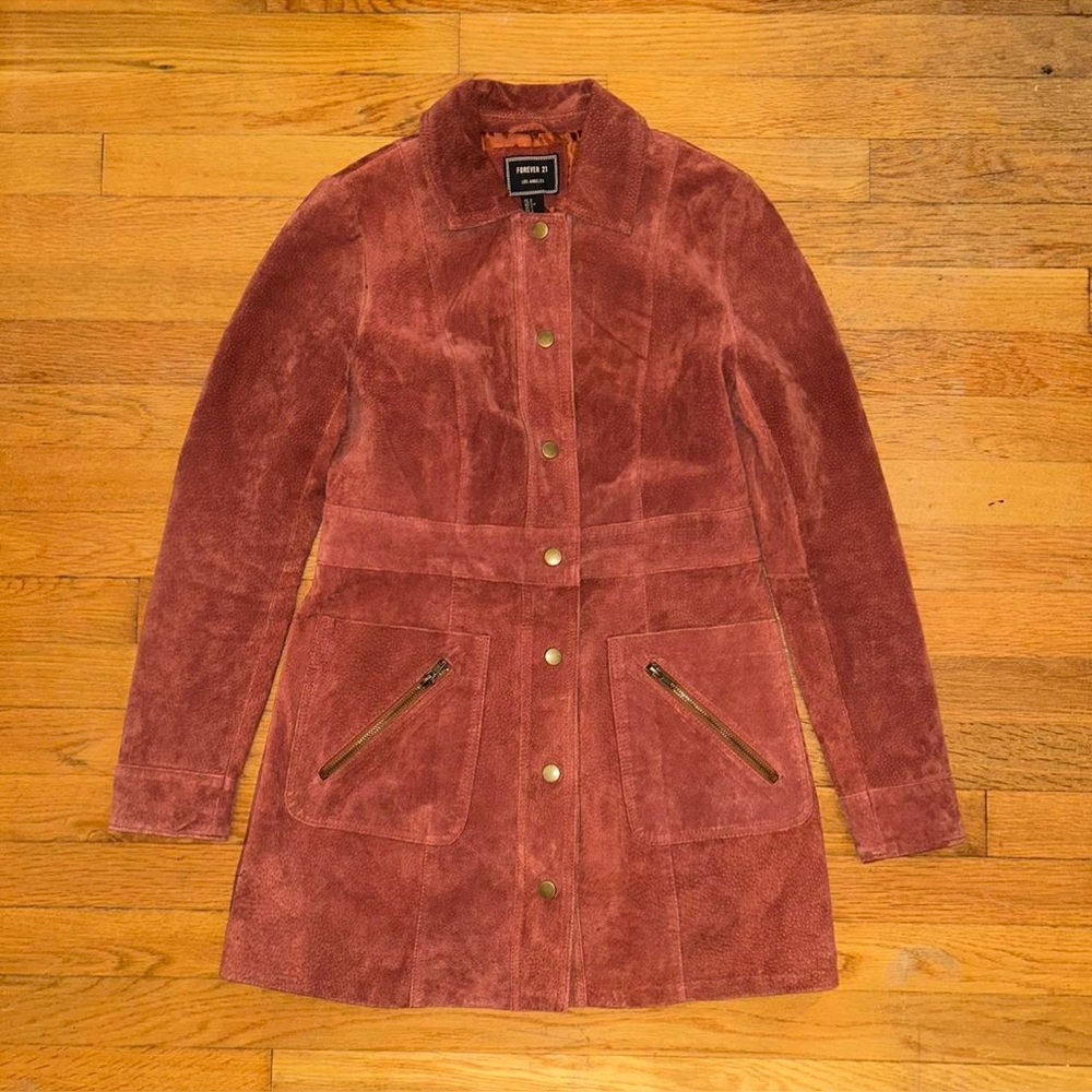 forever 21 rust genuine leather suede long jacket!